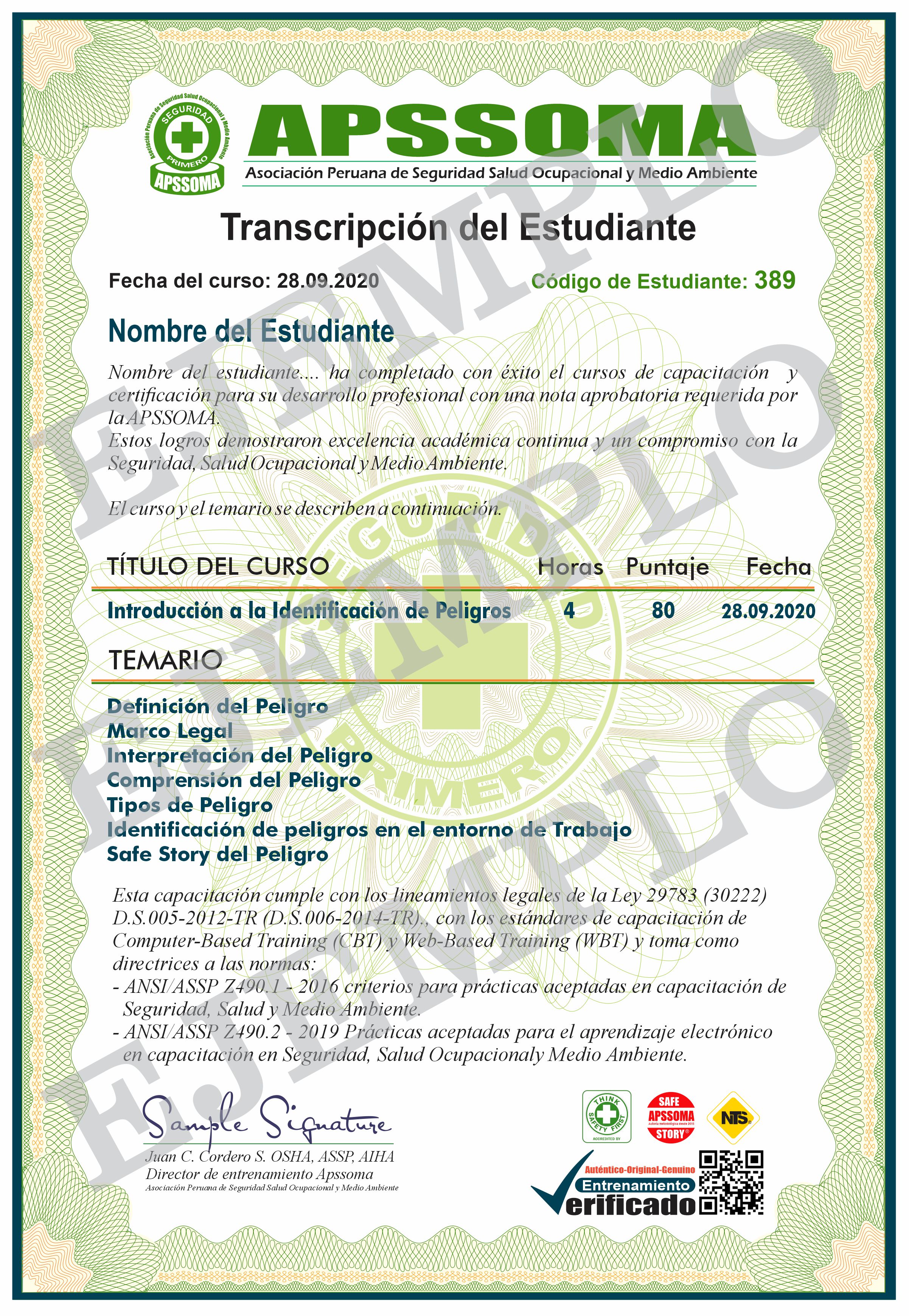 Muestra De Certificado | APSSOMA Perú